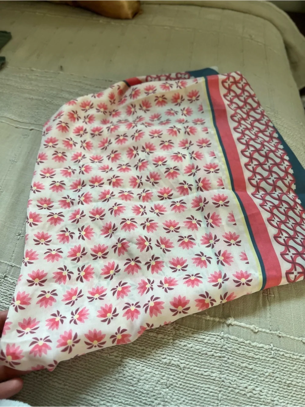 Treasure & Bond Floral Geometric Silk-Feel Scarf in Red, Navy & Cream